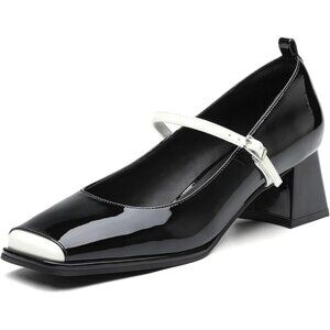 🆕Women's Black Mary Jane Pumps - Low Block Heel, Square Toe, Adjustable Strap